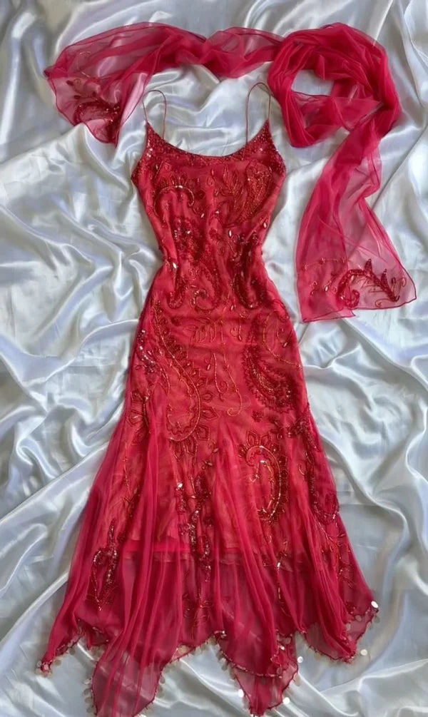 Red fashion elegant exquisite beaded spaghetti straps long ruffled chiffon ball gown evening dress party dress gh3477