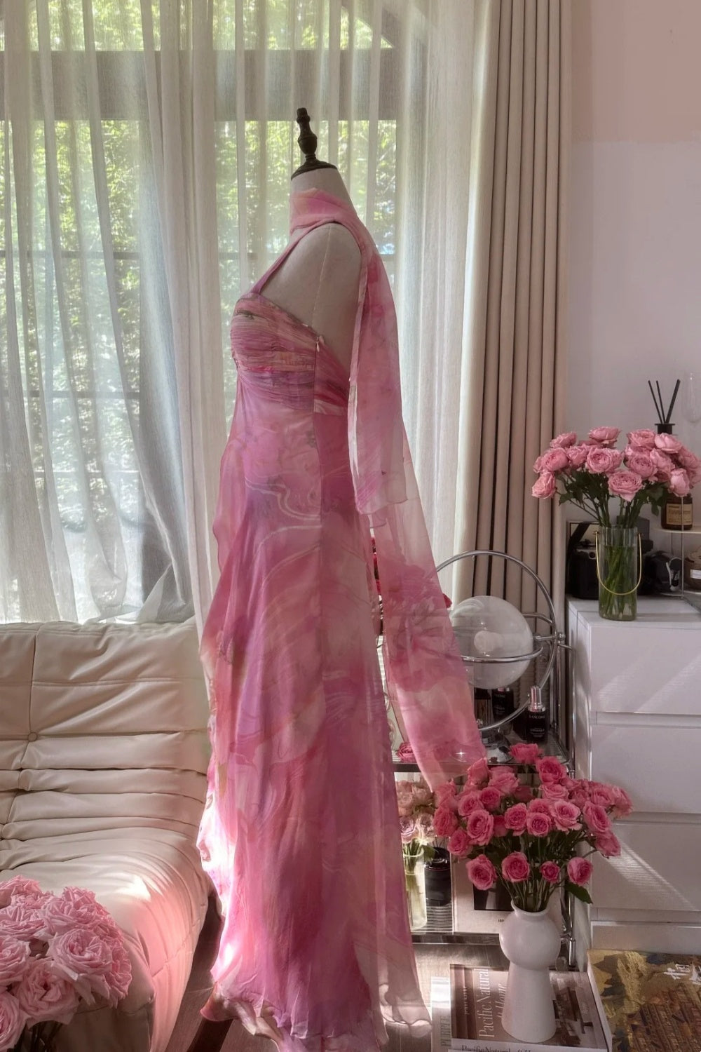 girlhomeshops-Formal Dress Pink Printed Chiffon Spaghetti-Strap Open-Back Floor-Length Fairy-Style Gown gh6377