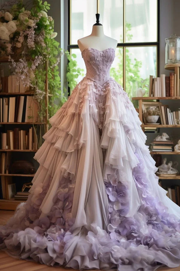 Purple Fashion Elegant Exquisite Floral Long Tulle Ball Gown Evening Dress gh3600