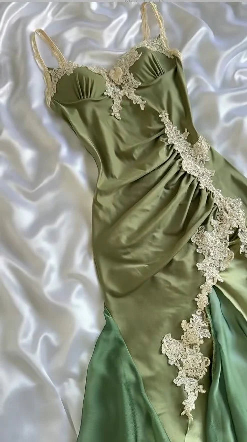 Robe de soirée courte en satin vert olive, élégante, bretelles spaghetti, avec appliques en dentelle, robe de bal, robe de soirée, gh4230