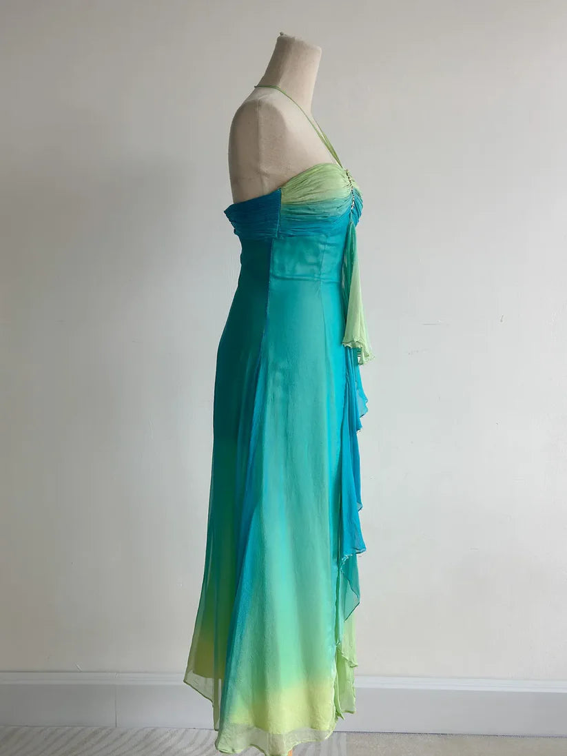girlhomeshops – Ärmelloses Chiffon-Midikleid mit Farbverlauf in Grün und Blau, Neckholder, elegantes Kleid im Boho-Stil mit Rüschen und Strasssteinen gh6345