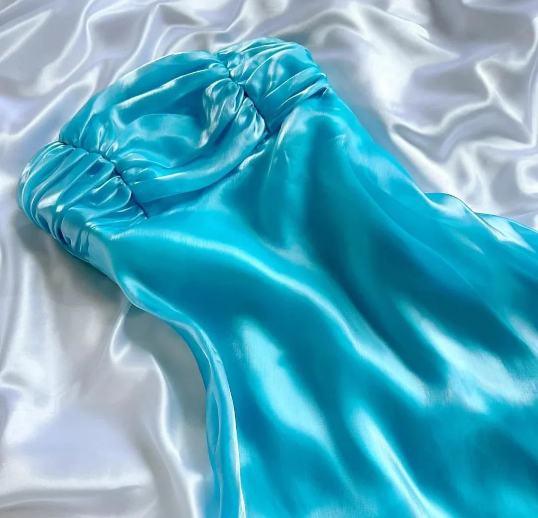 girlhomeshops-Shiny Turquoise Satin Strapless Midi Dress, Sleeveless Slim-Fit Elegant Gown gh6342