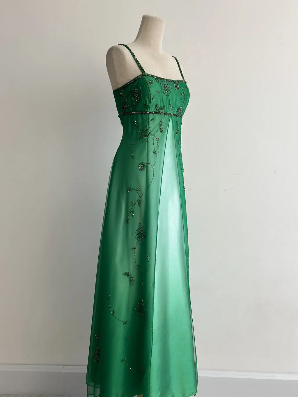 girlhomeshops-Green Tulle Strappy Maxi Dress, Embroidered & Beaded Vintage Elegant Gown gh6347