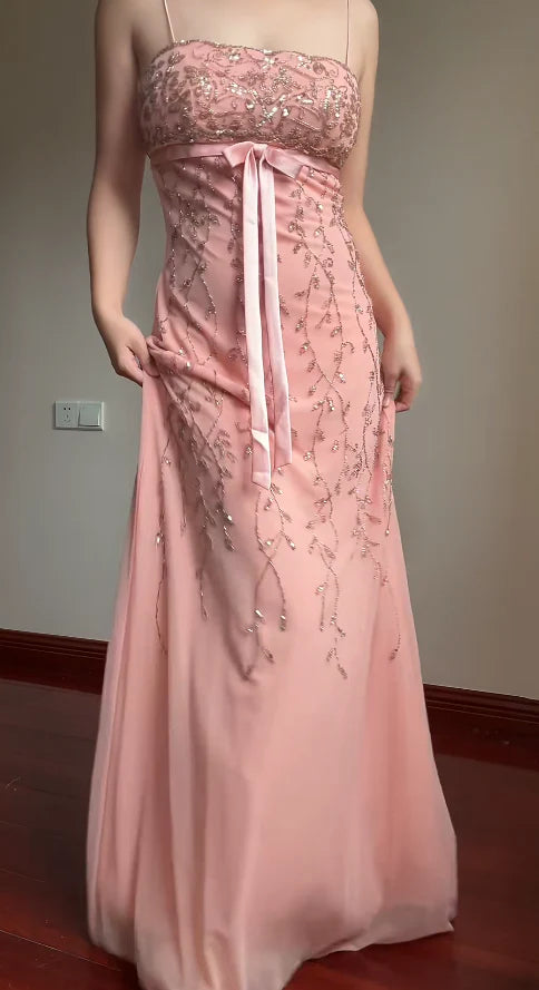 Trägerloses Abendkleid im Sweet Element Style mit Spaghettiträgern | Rosa-lila Tüll-Maxikleid mit Perlenbesatz für Verlobung, Party, Junggesellinnenabschied und andere festliche Anlässe gh6433