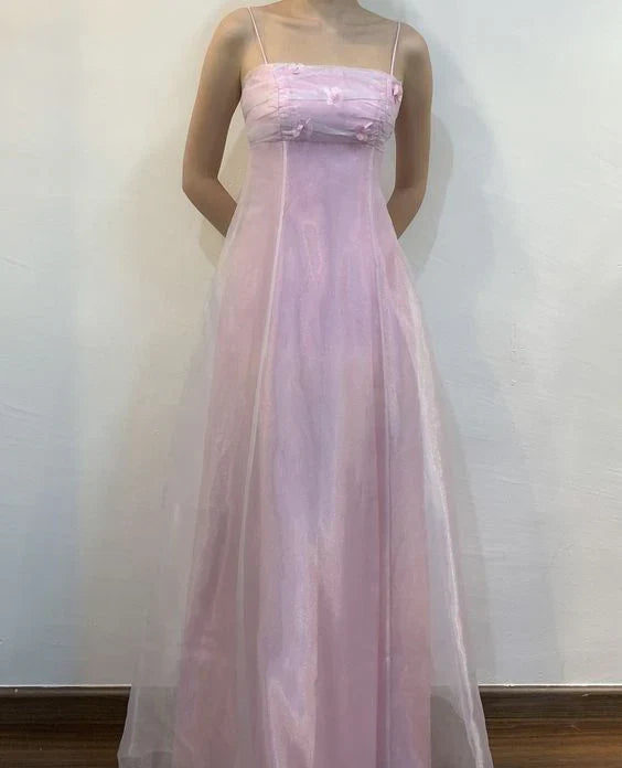 Pink Elegant Beautiful Floral Vintage A-Line Spaghetti Strap Long Chiffon Tulle Ball Gown Evening Dress Birthday Party Dress Prom Dress gh3908