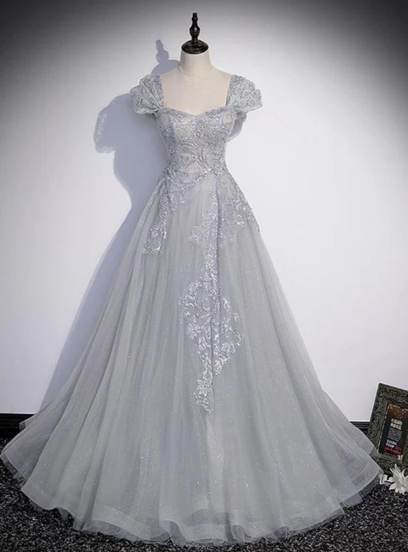 Robe de soirée trapèze en dentelle et tulle gris clair, robe de bal gh54