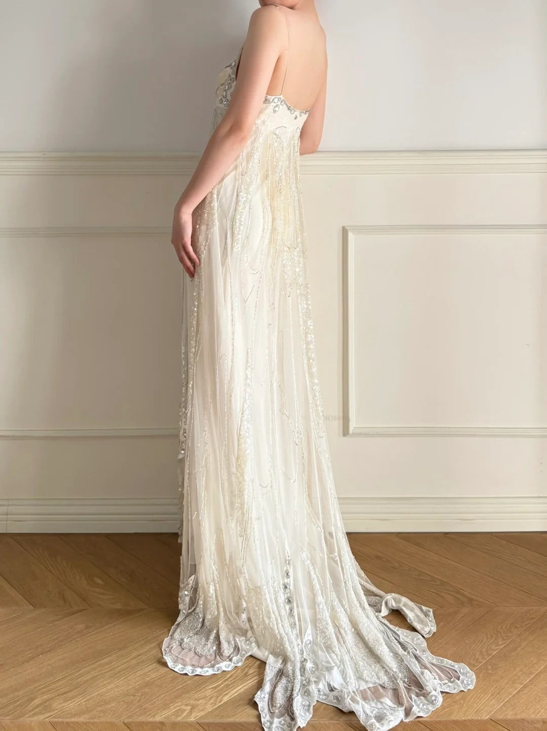 Girlhomeshops-Ivory White Long Beaded Sequin Chiffon Prom Dress Evening Dress Party Dress gh5244