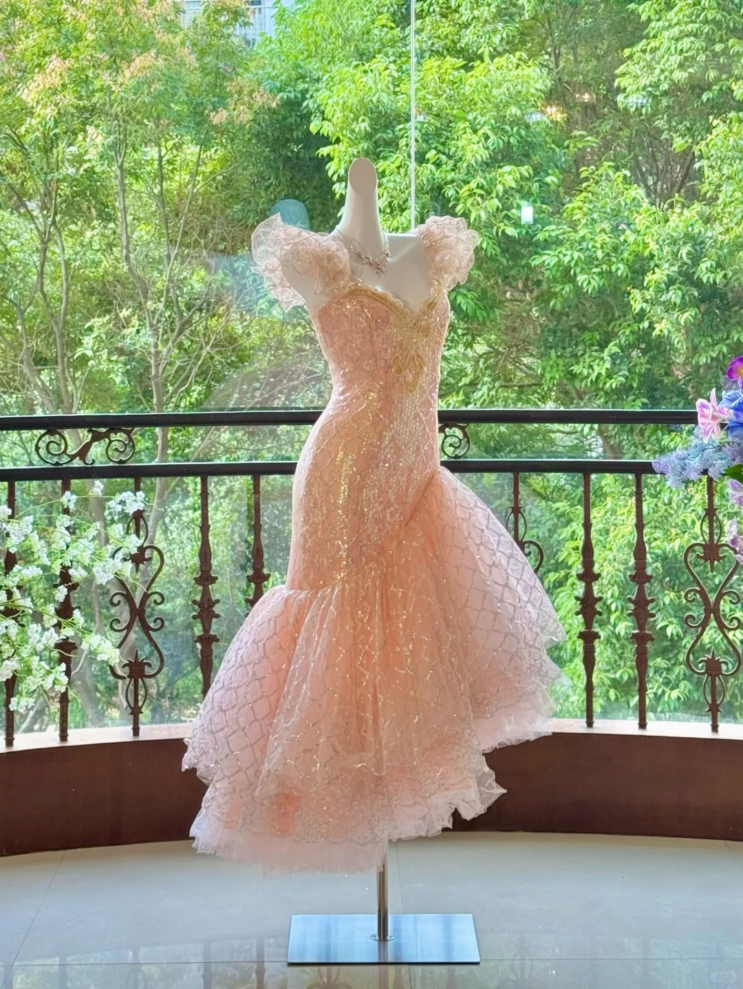 Girlhomeshops-Pink Gorgeous Elegant Shiny Long Mermaid Tulle Quinceanera Dresses Ball Gown Graduation Dress Princess gh5003