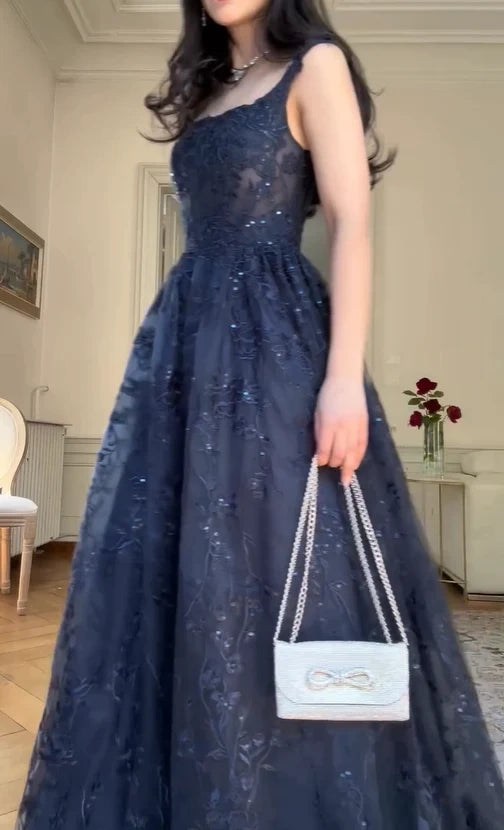 Robe de soirée élégante en tulle et dentelle, style vintage, bleu marine, sans bretelles, coupe trapèze, longue, gh3616