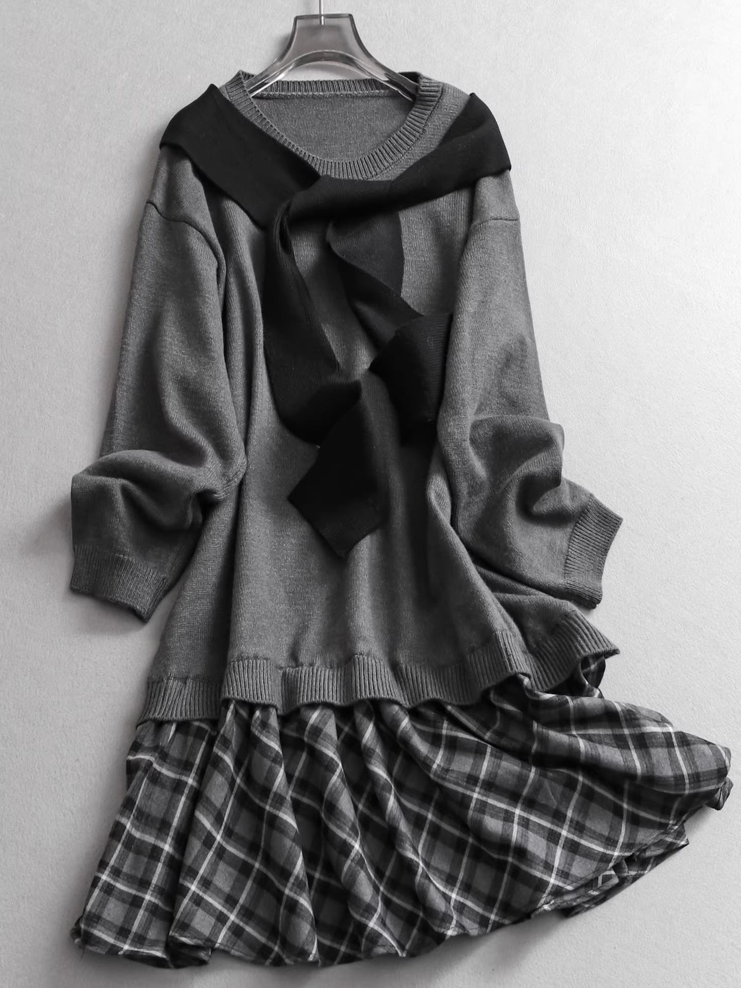 Grey faux two-piece shawl long-sleeved plaid skirt knit sweater dress long-sleeved youthful women's dress 11323