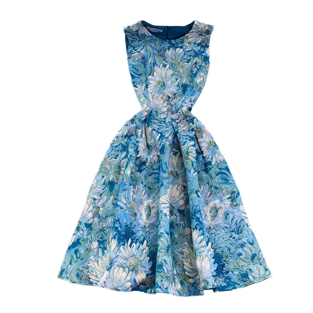 Sommerkleid im Retro-Palaststil mit Ölgemälde und Jacquardmuster, Rundhalsausschnitt, ärmellos, taillenabnehmend, mittellang und lang, A-Linie 11287