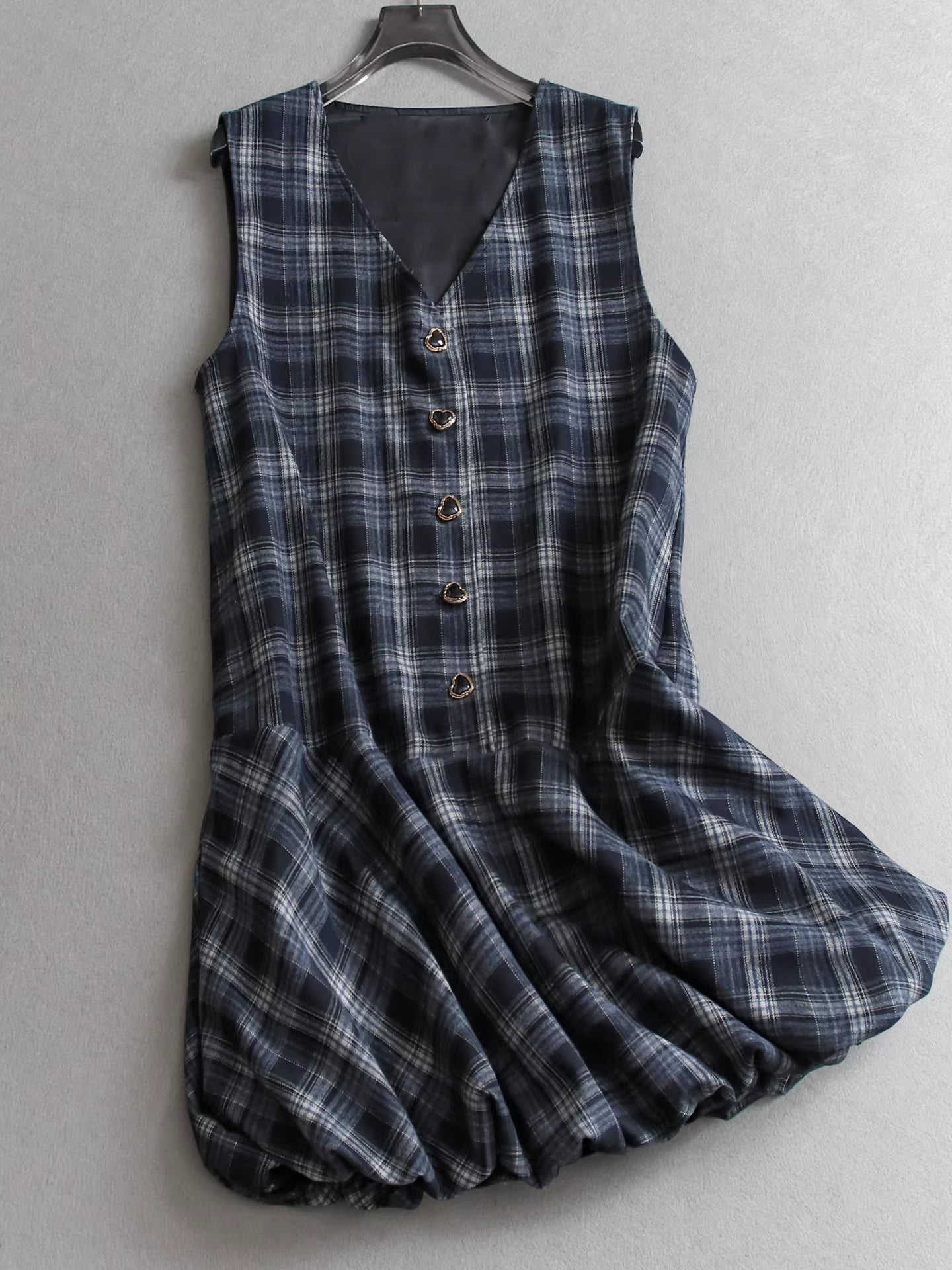 Color-blocked plaid V-neck sleeveless vest dress layered short tulip skirt women's dress 11321
