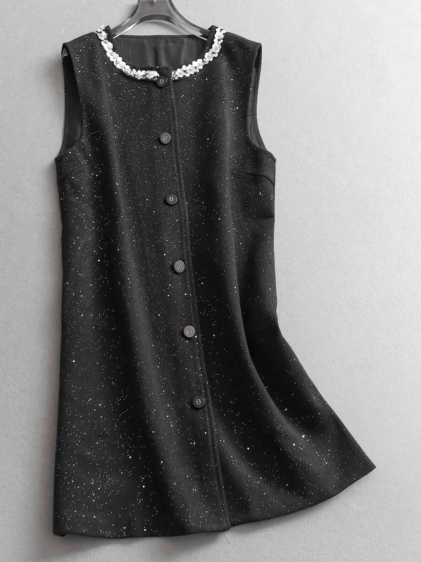 Black, rhinestone-embellished, style round neck button-down vest dress, tweed midi length, elegant women's dress. 11308