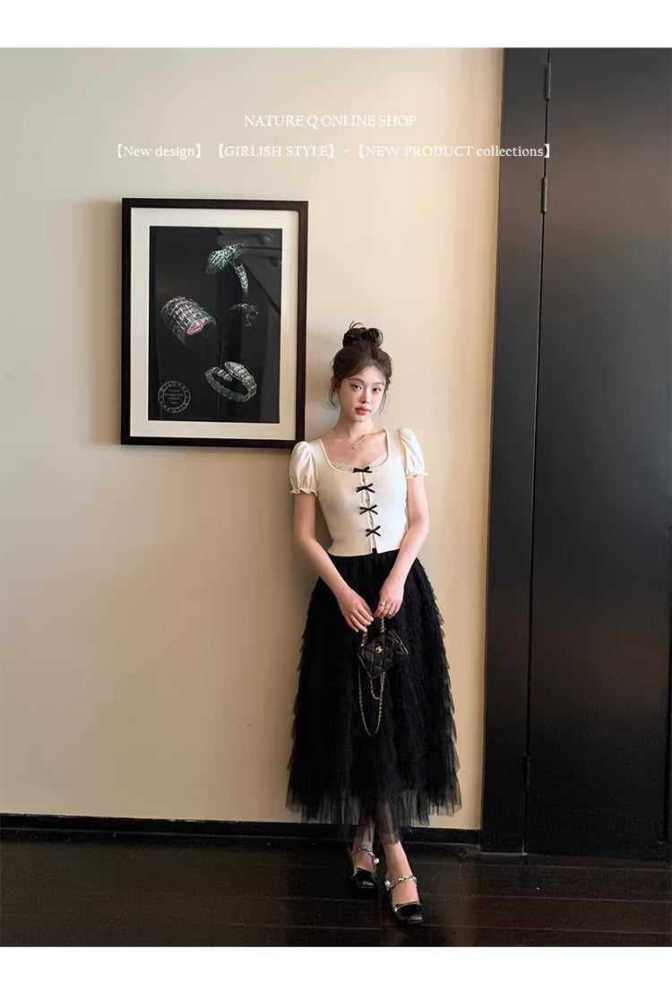 French-style tulle cake skirt, fairy skirt, spring long skirt, elastic waist A-line skirt, available in black and white. 11294