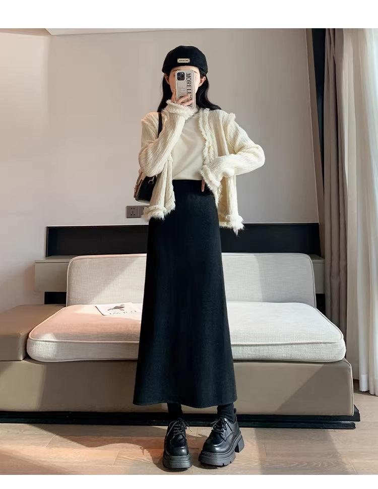 White fleece-lined, thickened faux cashmere knit midi skirt for women, winter bodycon straight A-line long skirt 11293