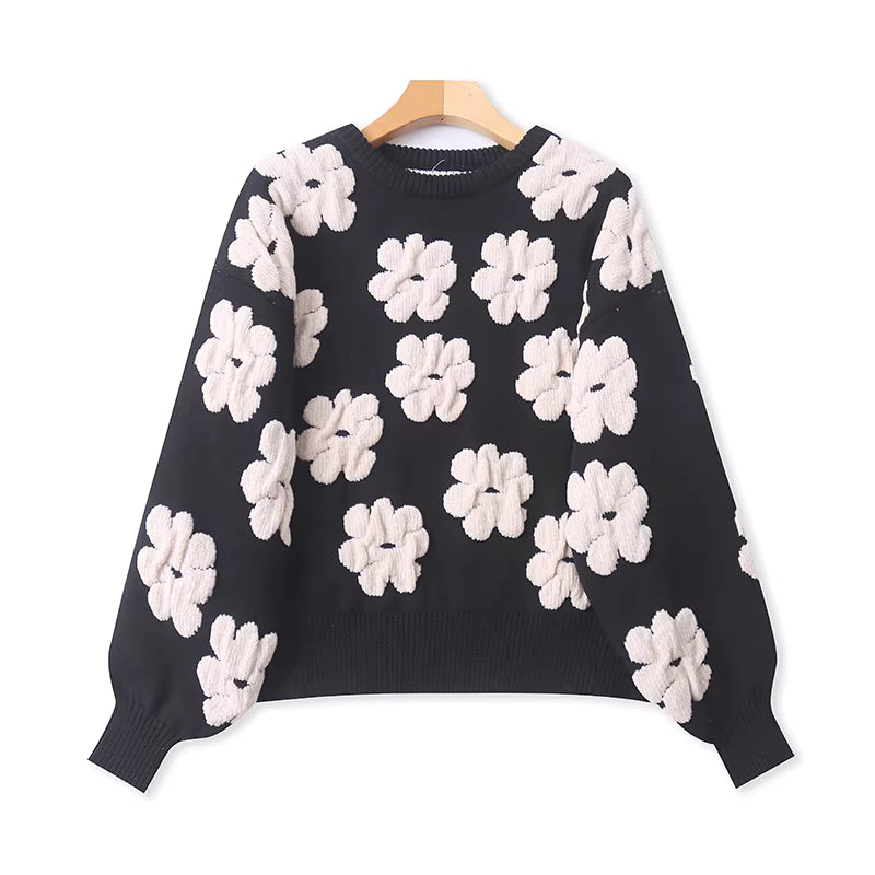 New Autumn/Winter French Style Jacquard Long-Sleeved Sweater for Women: Elegant, Loose-Fitting, and Slimming Knitwear 11382