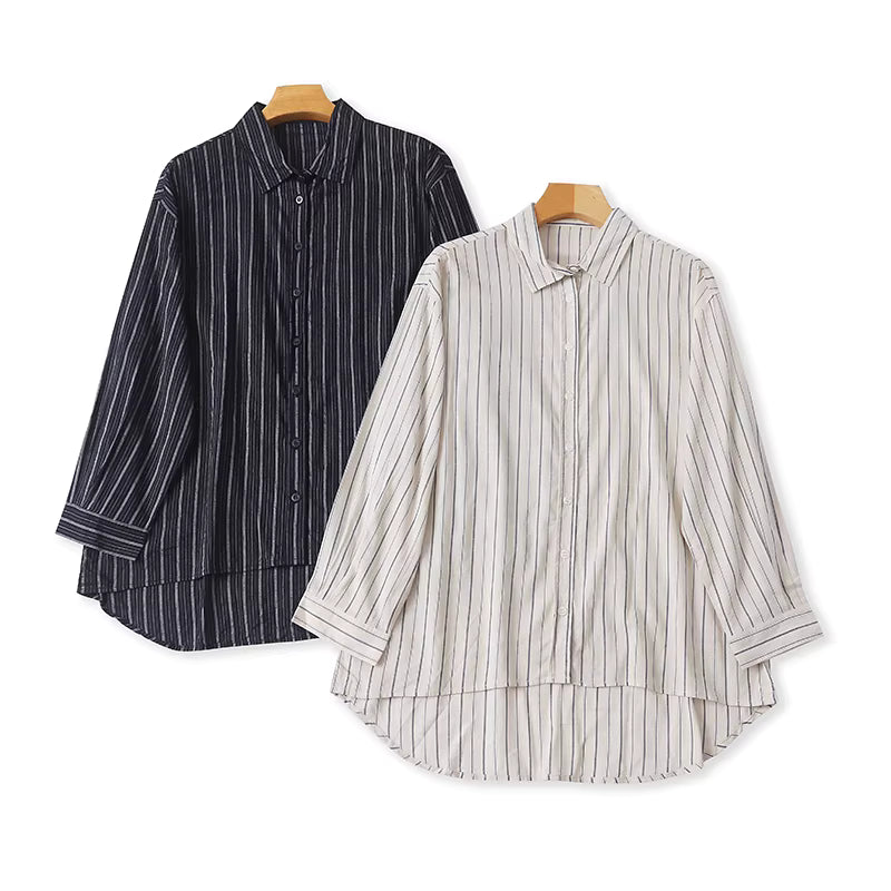 Spring/Summer Striped Long-Sleeved Shirt for Women, Loose Fit, Shorter Front and Longer Back, Slimming, Elegant Shirt Top, Casual Shirt 11381