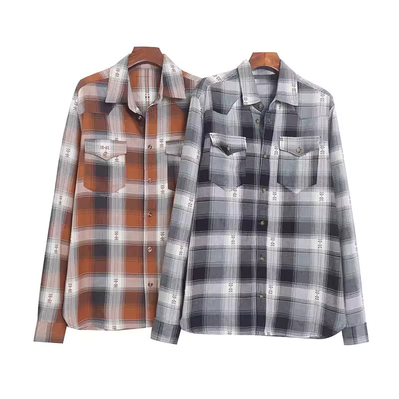 Women's heavy-duty embroidered plaid shirt, loose fit, casual style, simple and elegant. 11386