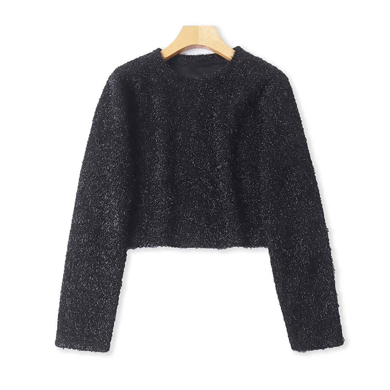 New Spring/Autumn Fashionable Soft and Shiny Long-Sleeved Top for Women, Slimming and Elegant High-Waisted Casual Short Jacket 11380