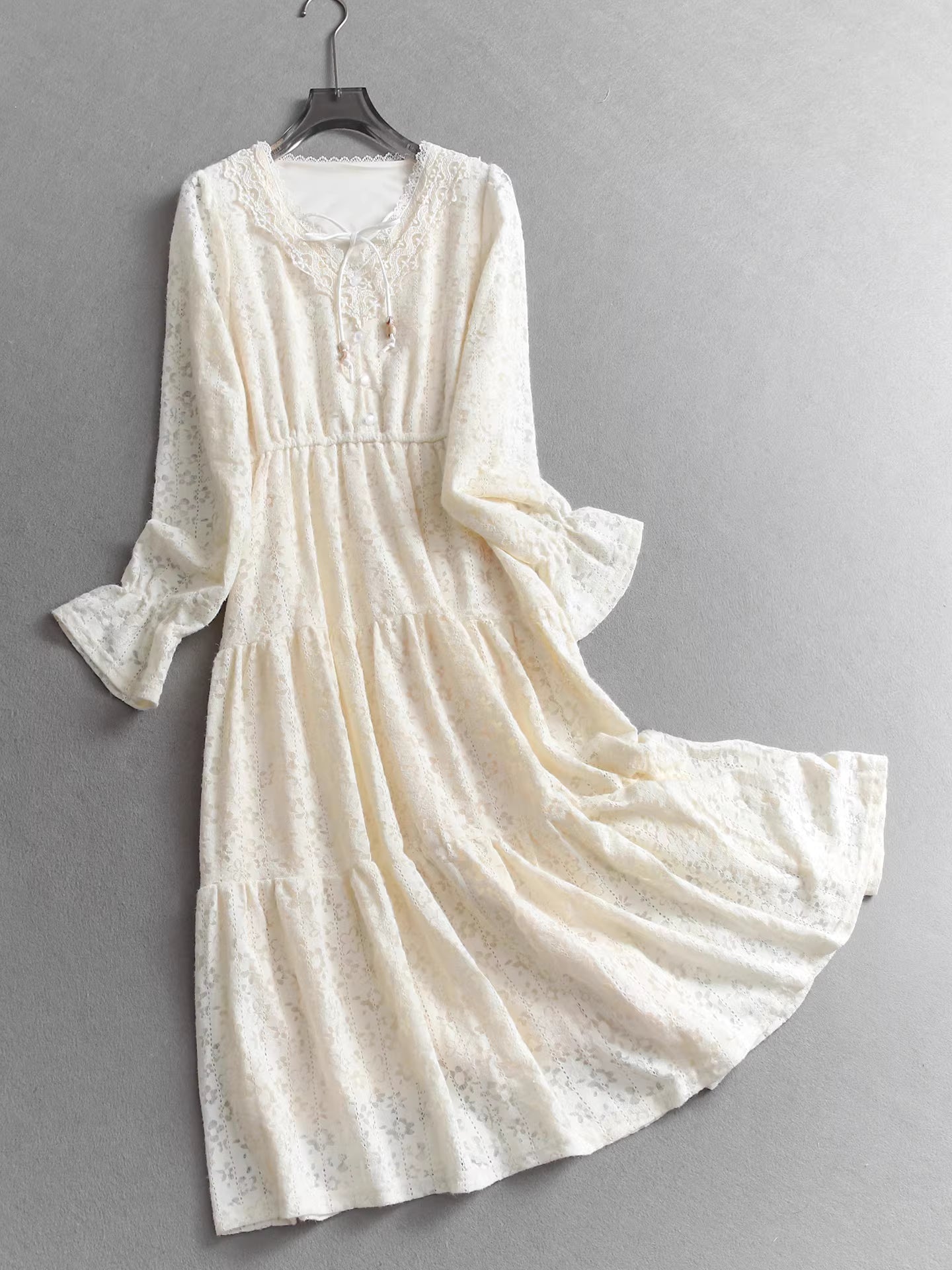 Solid color elegant bow tie V-neck elastic waist long sleeve lace dress slimming temperament youthful dress 11311