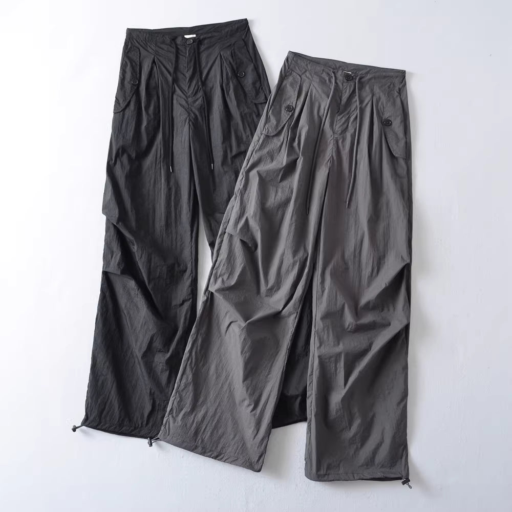 American-style hot girl loose drawstring mid-waist cargo pants women's spring and summer new retro straight leg wide-leg pants quick-drying floor-length pants 11395