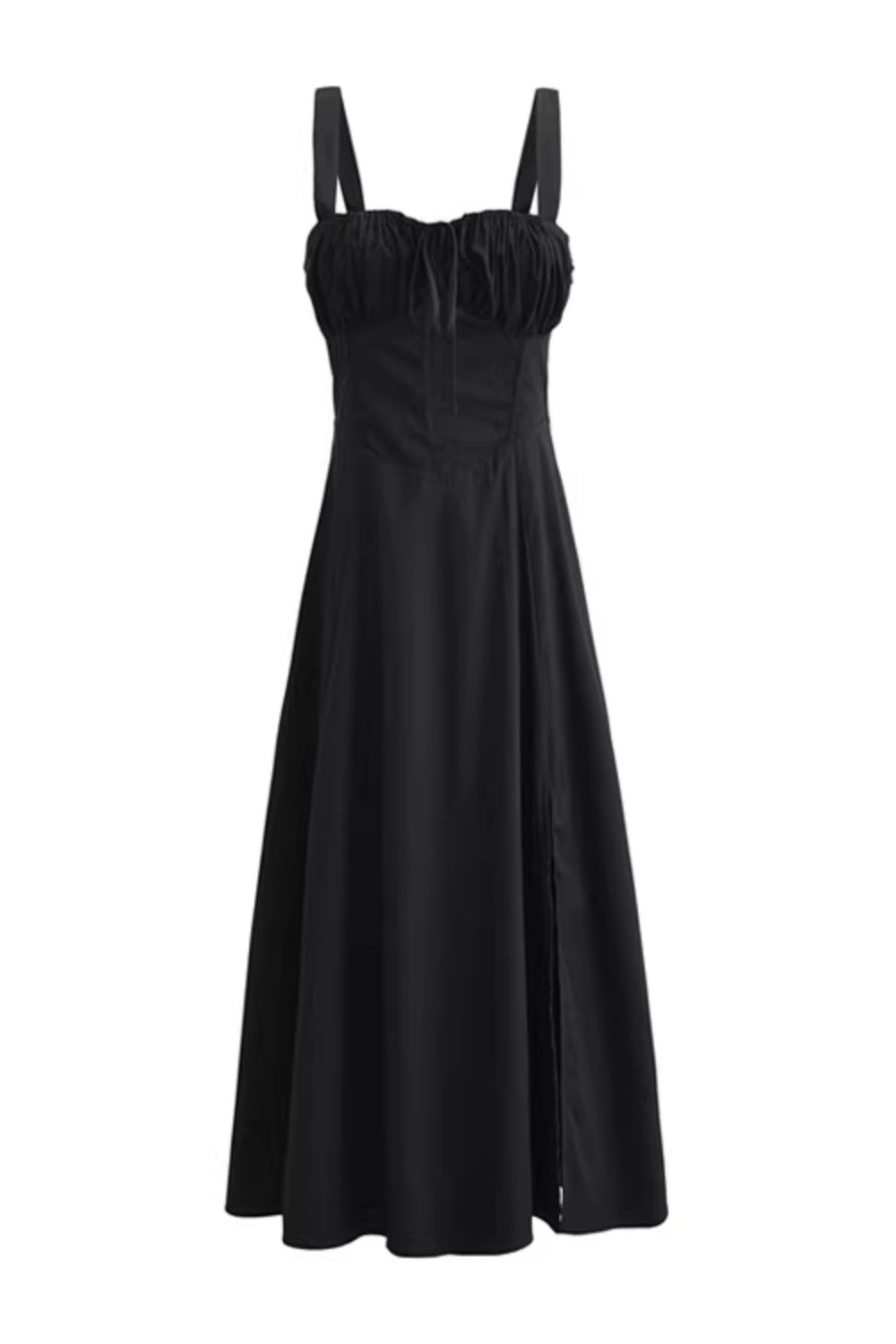 White dress with drawstring neckline, low-cut, mid-length, fitted waist, and slit spaghetti straps. 11346