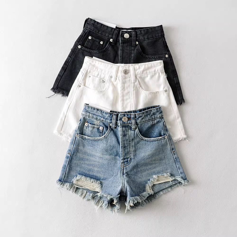 American retro heavy-duty washed distressed denim shorts with frayed edges, sexy and hot style denim hot pants for women. 11392