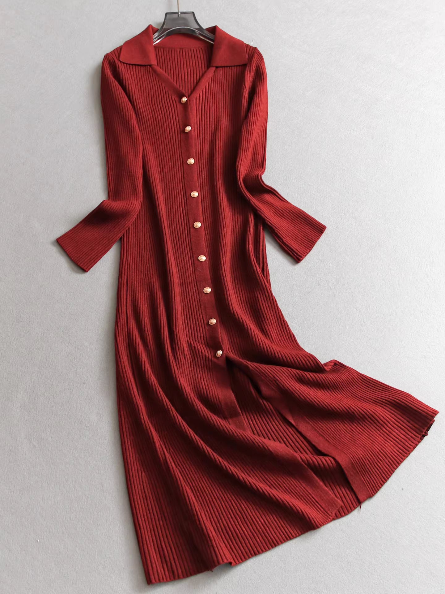 Elegant V-neck single-breasted stretch bodycon long knit sweater dress, perfect for layering as an inner dress. 11320