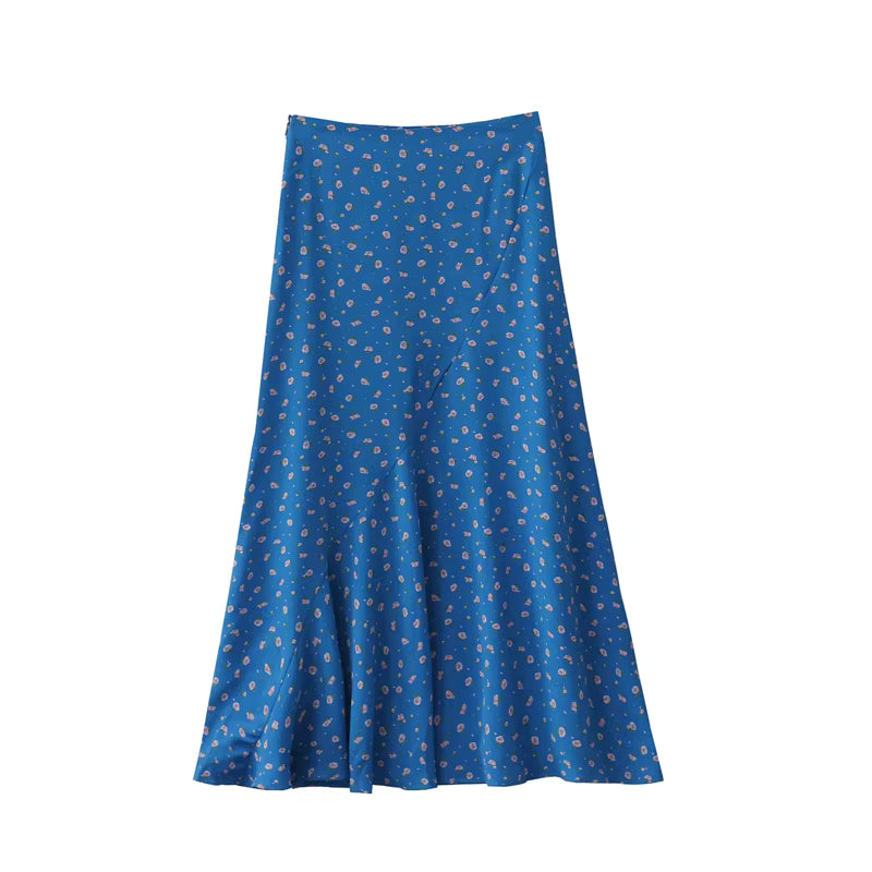 Homemade Summer New French-Style Vacation High-Waisted Slimming Blue Floral Print Midi Skirt Fishtail Maxi Skirt 11363