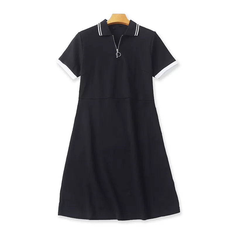 Summer high-waisted 94% cotton polo collar short-sleeved dress, elegant and flattering A-line skirt, casual and youthful. 11388