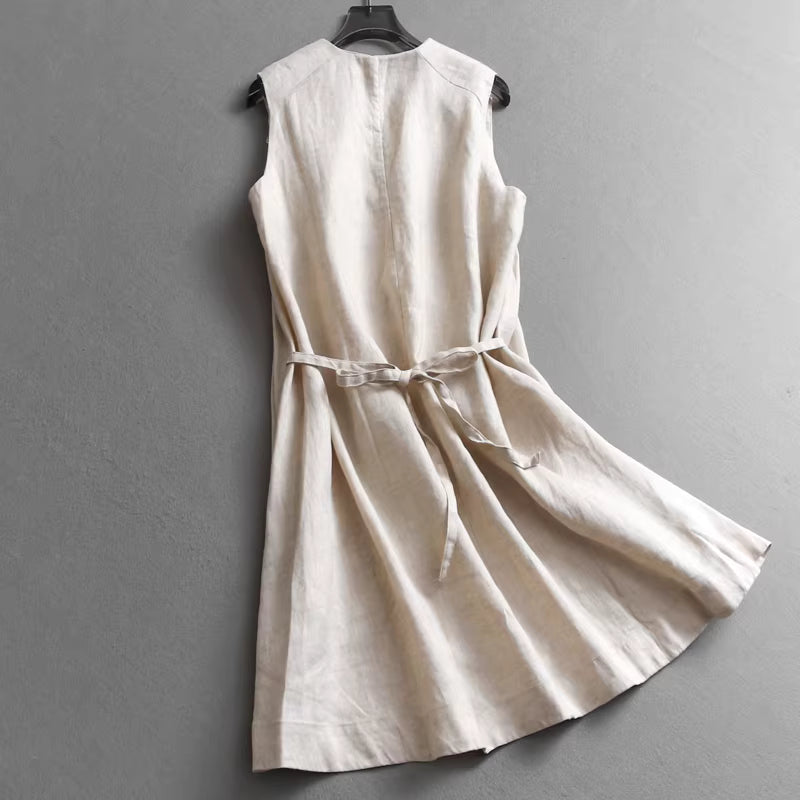 Solid color, belted, waist-cinching, slimming V-neck, button-down linen dress, vest dress, elegant shirt dress 11298