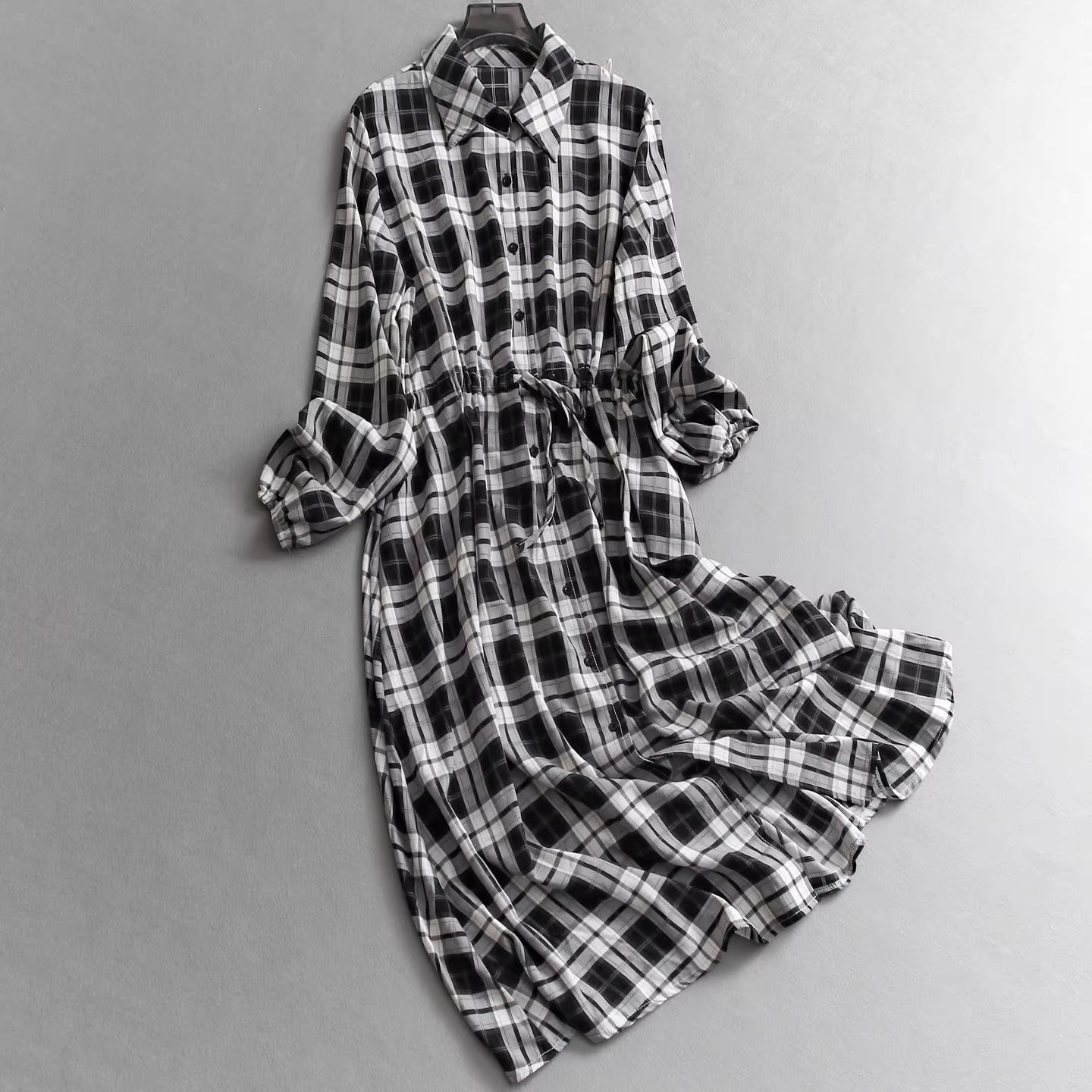 Color-blocked plaid collared shirt dress, drawstring waist, new autumn style, long-sleeved dress, long women's skirt 11330