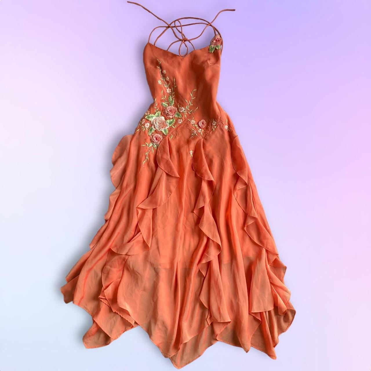 Robe de soirée orange longue/courte à volants et broderie florale perlée, robe de bal, robe de soirée gh4676
