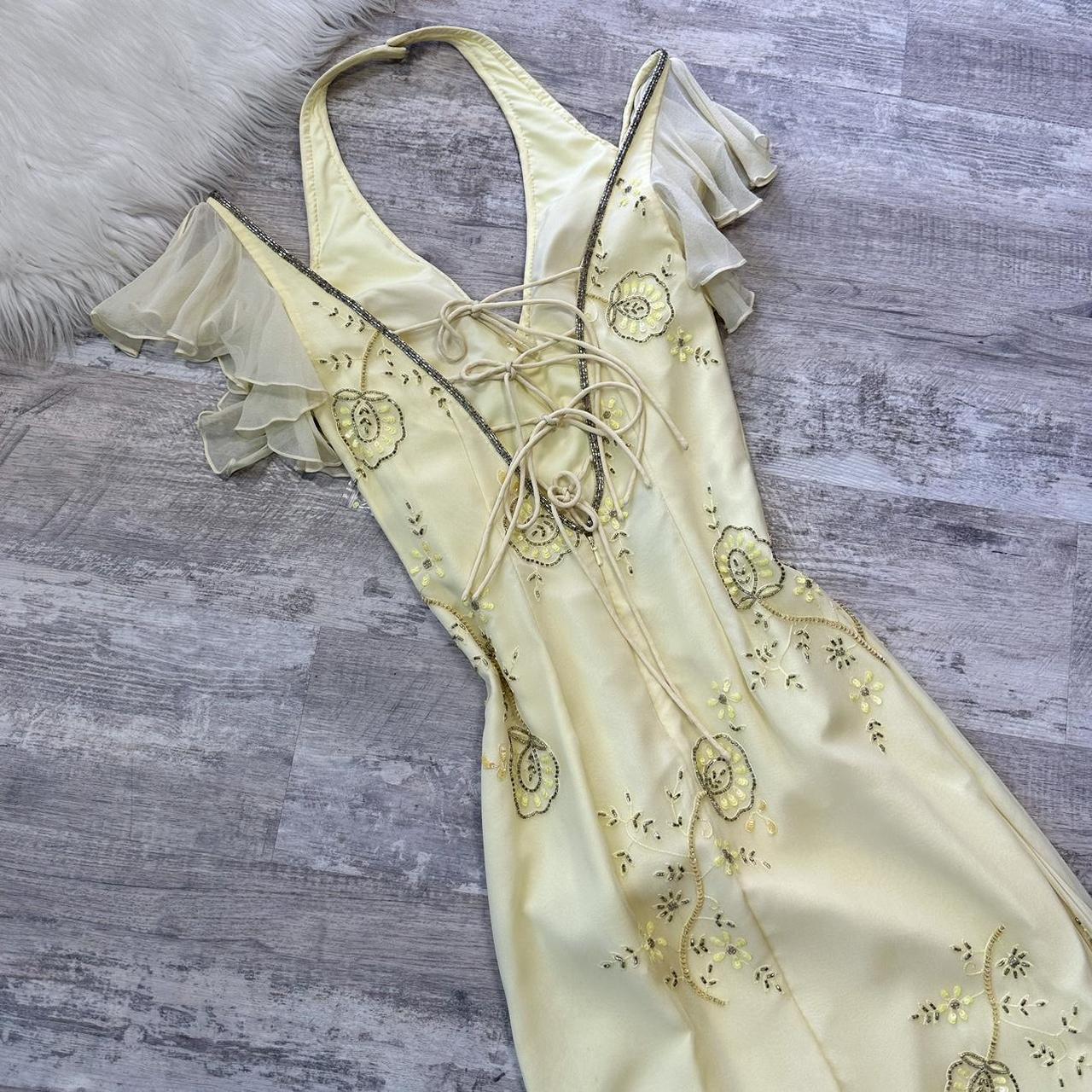 Robe de bal vintage jaune, robe longue, robe de fée, robe Y2K, robe de retour, robe à bretelles, paillettes, motif floral, délicate, mignonne, bal/mariage/été/rendez-vous gh4515