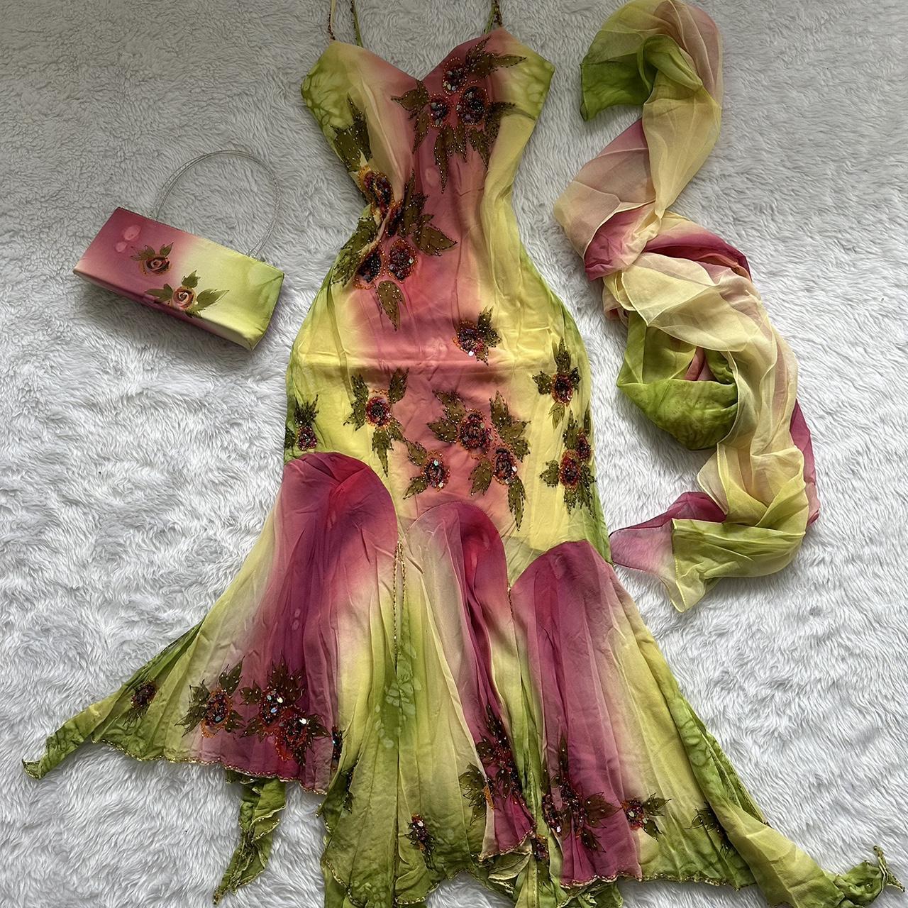 Robe de soirée élégante et raffinée, en mousseline de soie, à bretelles spaghetti, dégradé de rose et de vert, à volants, robe de bal, gh3620