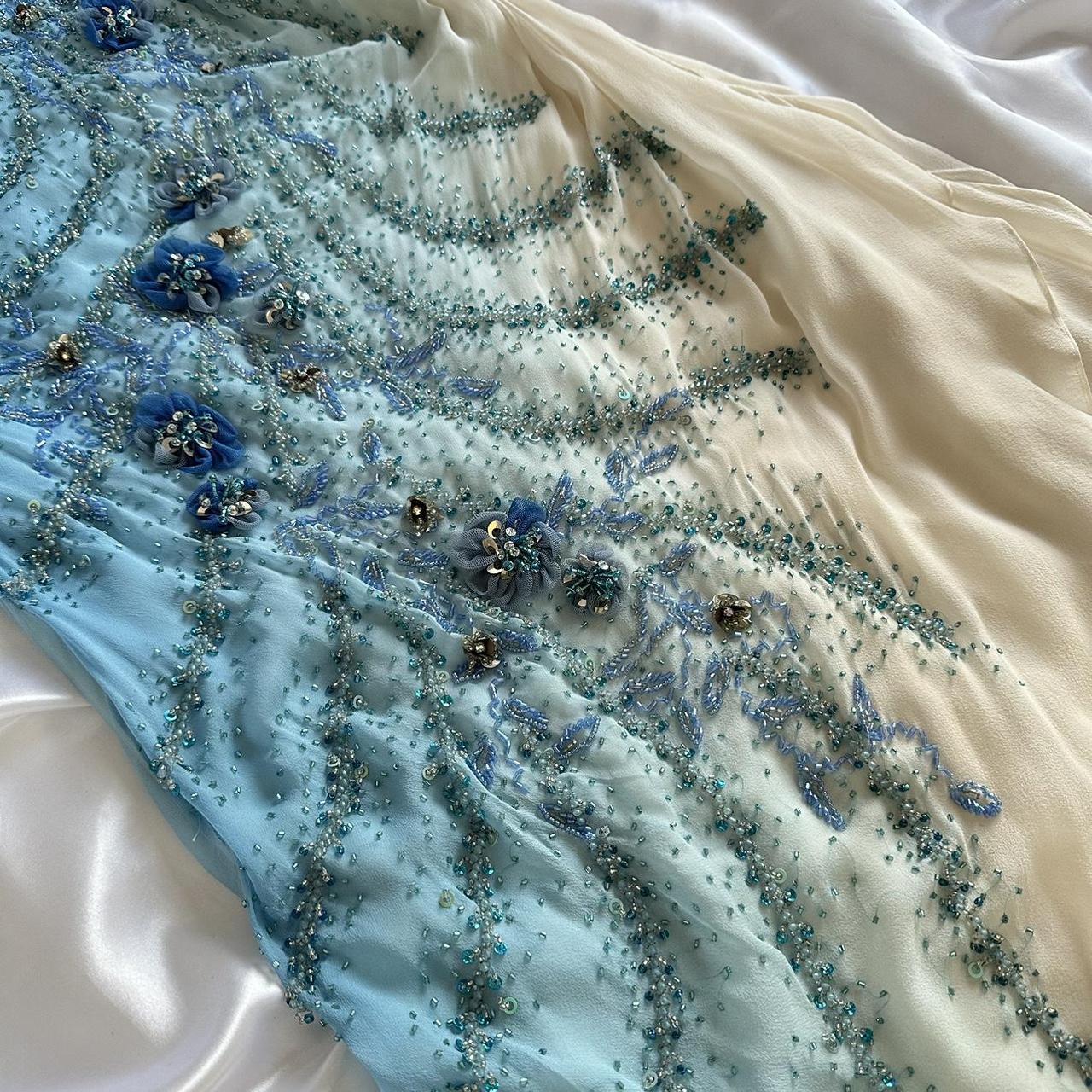 Robe de soirée longue en mousseline de soie, magnifique, élégante, unique, élégante, exquise, à fleurs, perles, bleue, gh3562