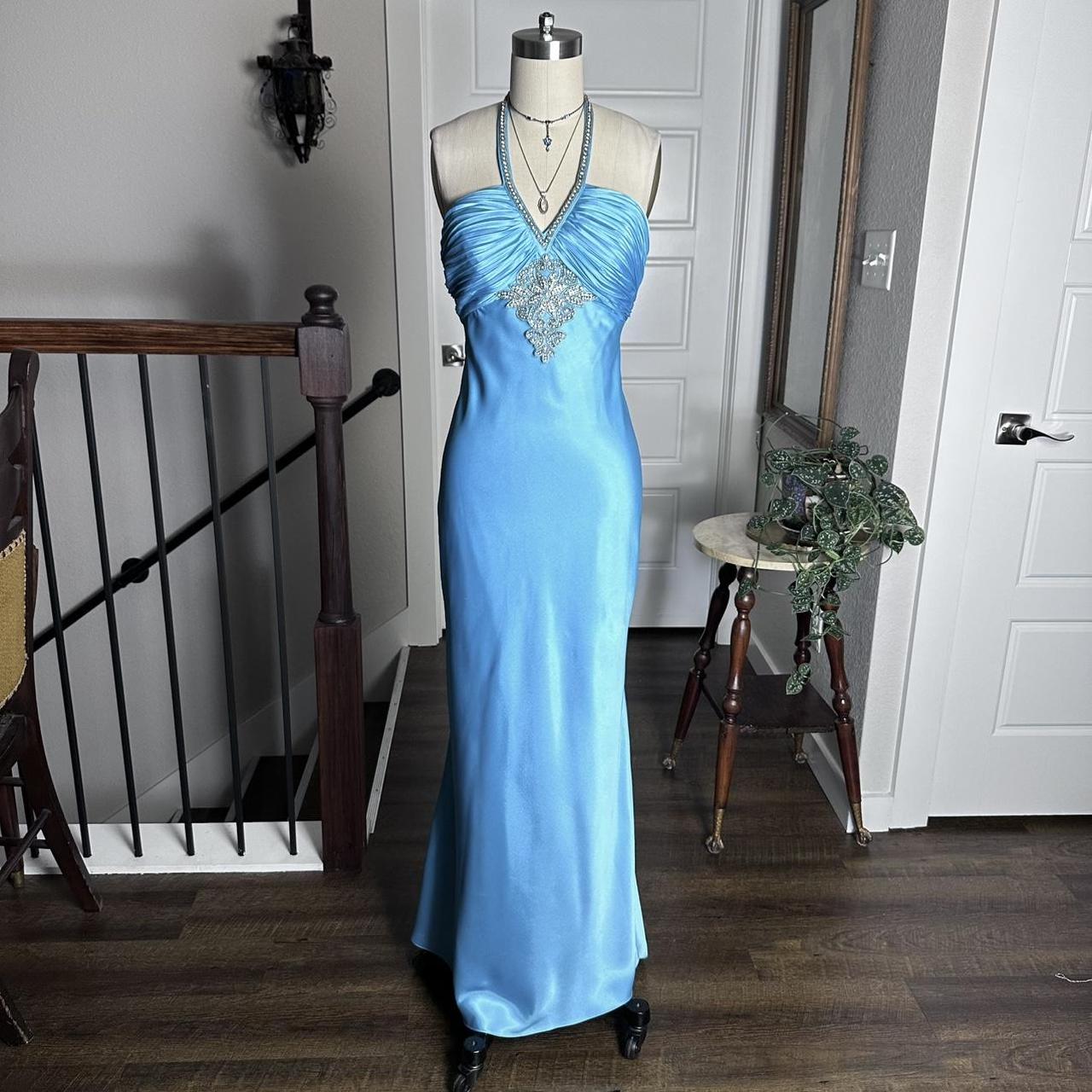 Bright Blue Vintage Floral Beaded Slim Strap Formal Prom Dress Small Train Long Satin Ball Gown Evening Dress Party Dress gh4341