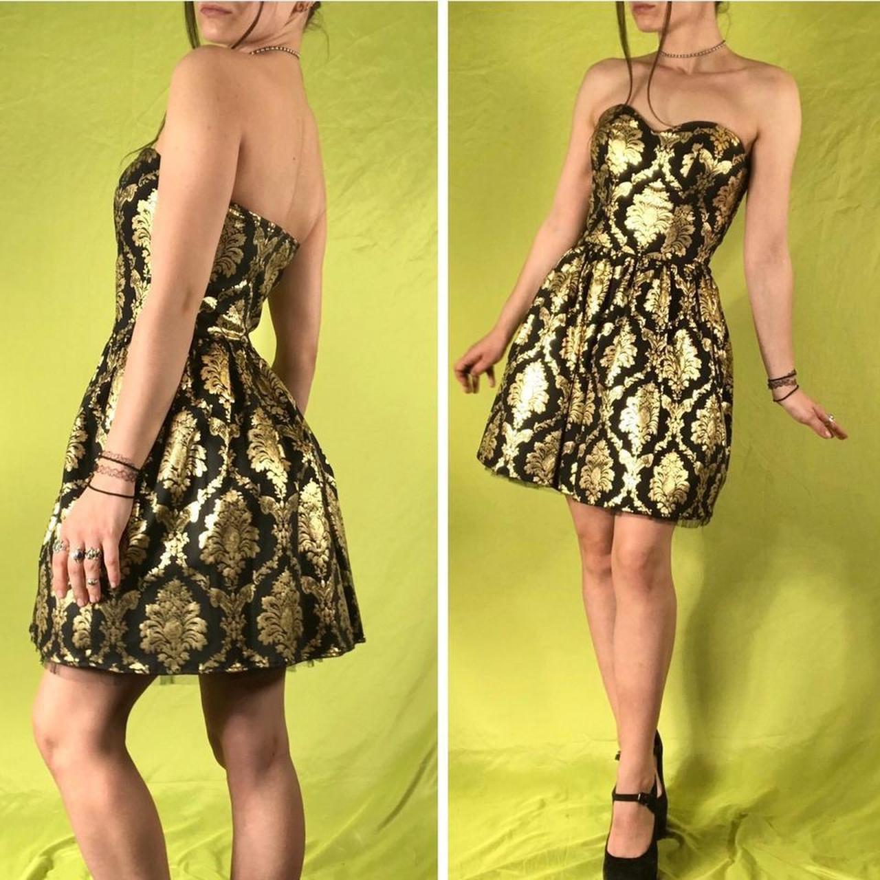 🖤 Y2K Gold und Schwarz Fashion Jacquard Brokat bedruckt Mini Kurzes Homecoming-Kleid Cocktailkleid Partykleid gh4610