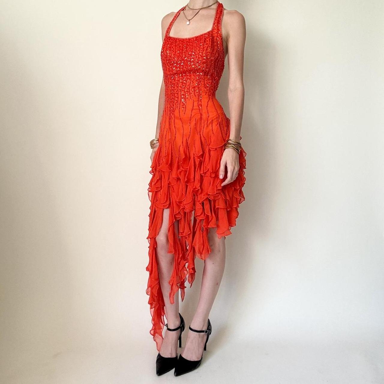 Girlhomeshops-Orange Sequin Beaded Ruffle Chiffon Short/Mid-Length Homecoming Dress Dance Dress Party Dress gh5084