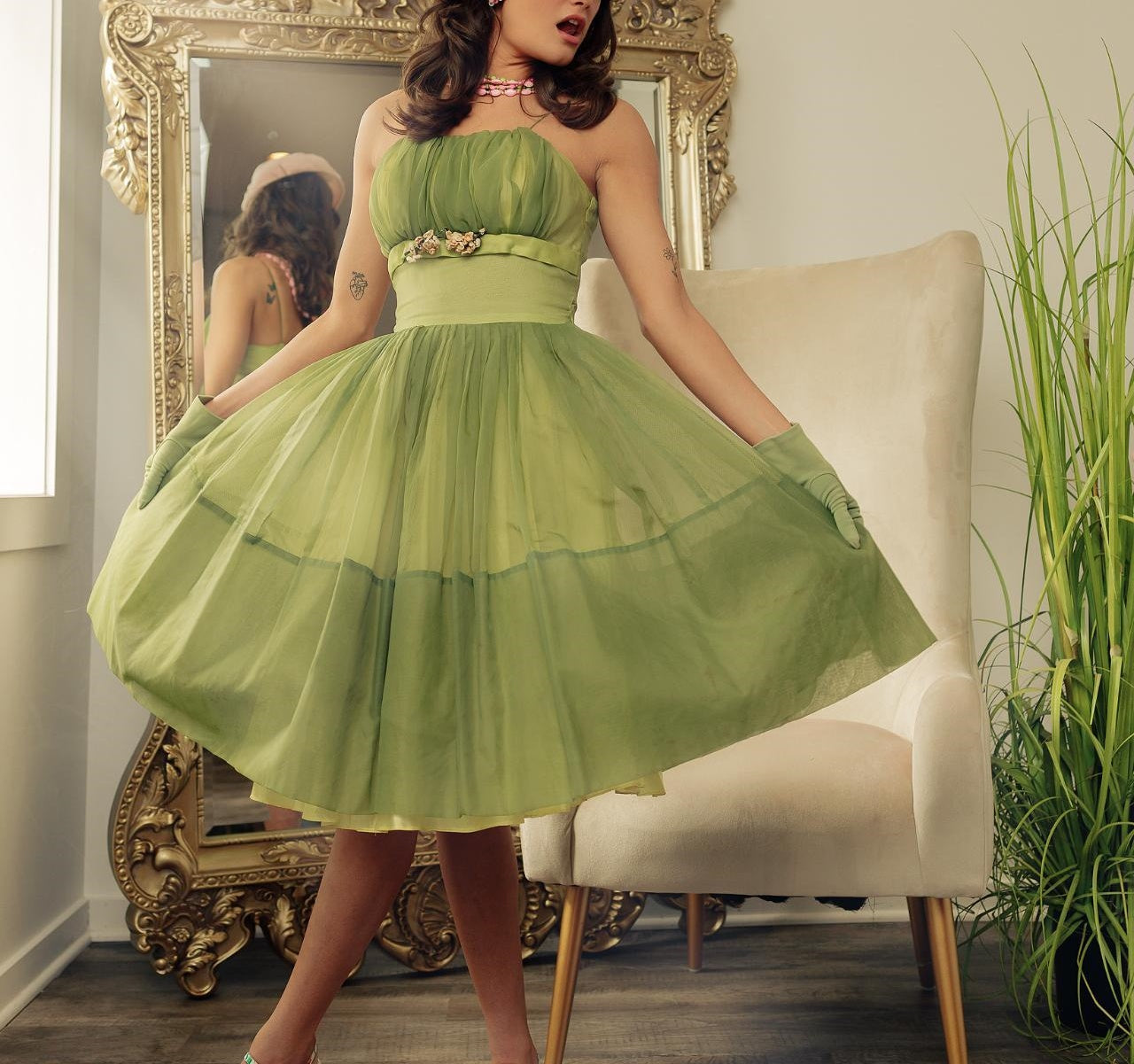 Yellow Green Vintage Elegant Sweet Delicate Floral Appliqué Suspender Cake Dress Puffy Skirt Short Knee Length Prom Dress Evening Dress Homecoming Dress gh3672