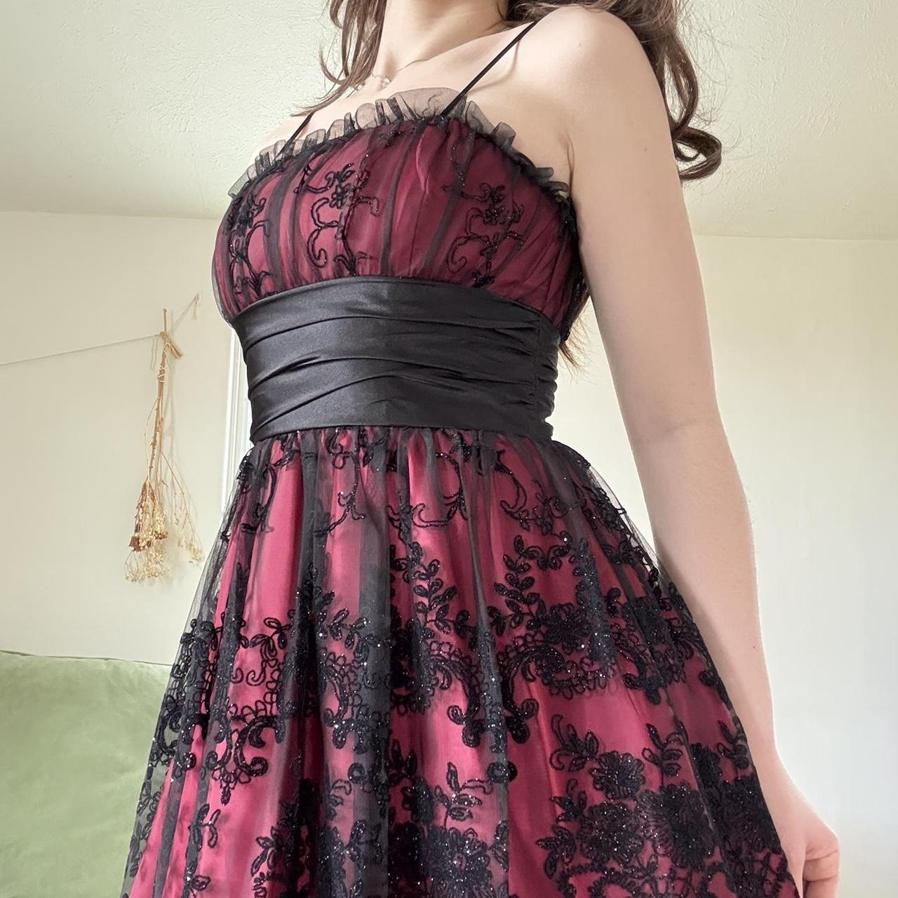 Deep Red Black Y2K Gothic Floral Sequined Tulle Satin Comfort Short Mini Homecoming Dress Party Dress gh4741