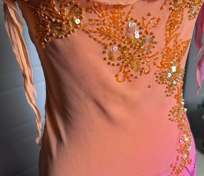 Orange Gradient Exquisite Beaded Spaghetti Strap Midi Chiffon Slim Ball Gown Evening Dress Party Dress Prom Dress gh3214