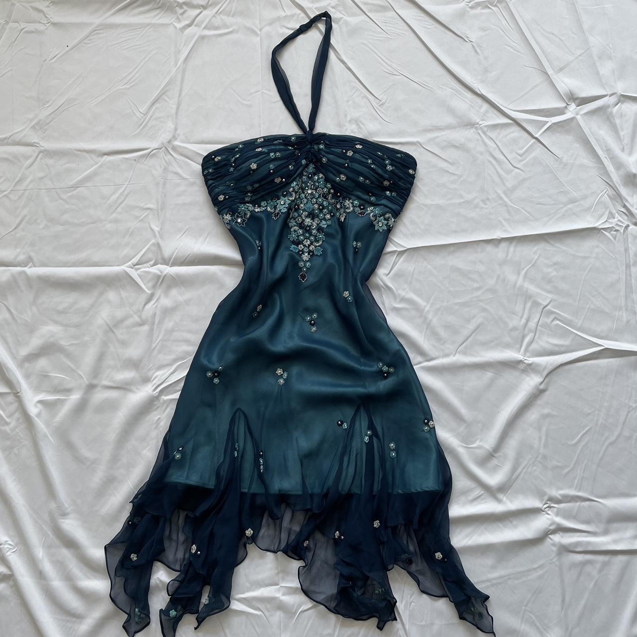 Girlhomeshops - Robe de soirée courte en mousseline de soie à fleurs bleues et perles, col licou, robe de fête d'anniversaire, gh5263