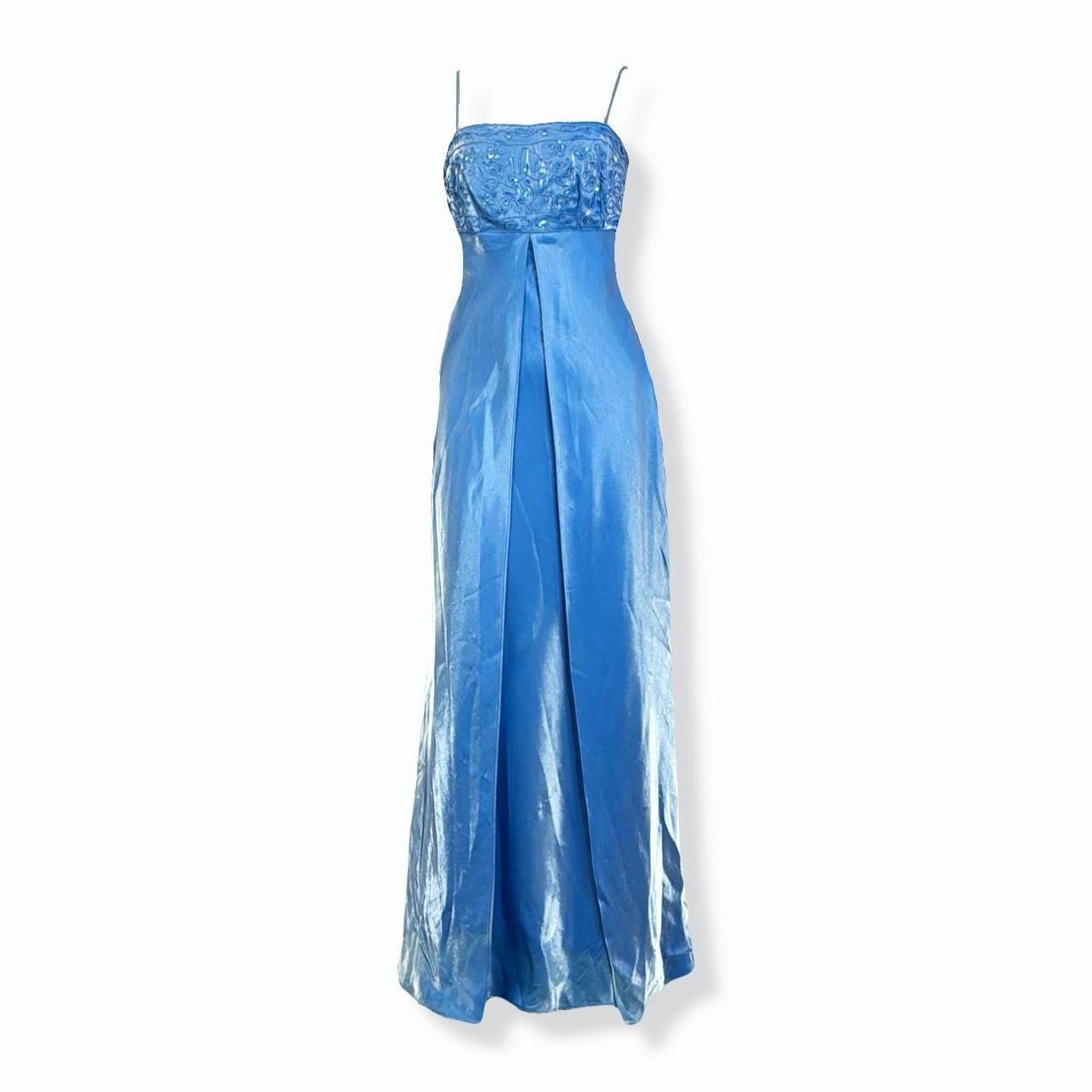 Robe de soirée longue en satin et tulle, bleu, style vintage, avec fines bretelles et perles, robe de bal, gh3893