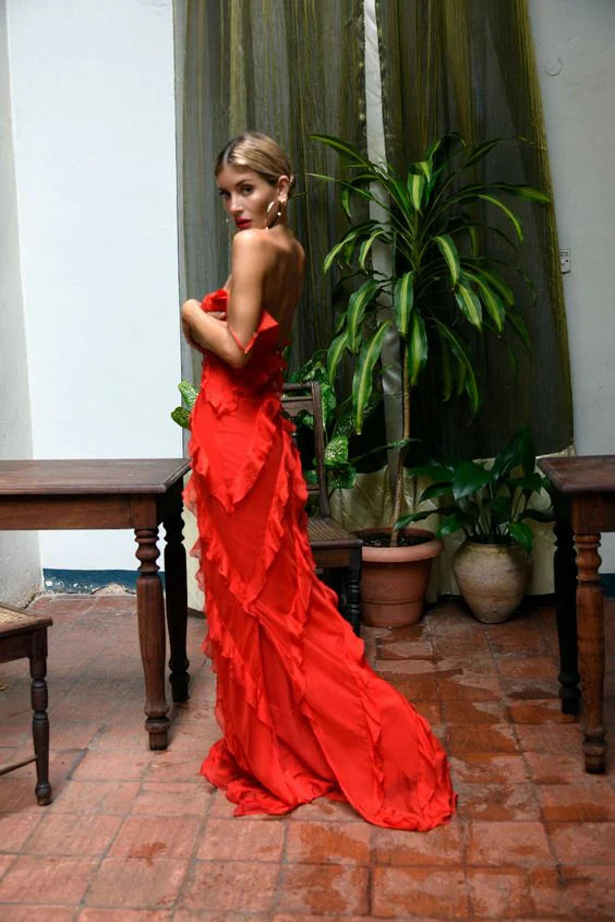 Red Maxi Prom Dress With Frill Detail Backless Party Dress gh2922