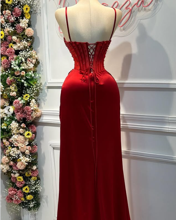 Rot wunderschöne exquisite mode glänzende spaghetti-trägern schlitz meerjungfrau schlanke lange satin ballkleid abendkleid partykleid gh3230