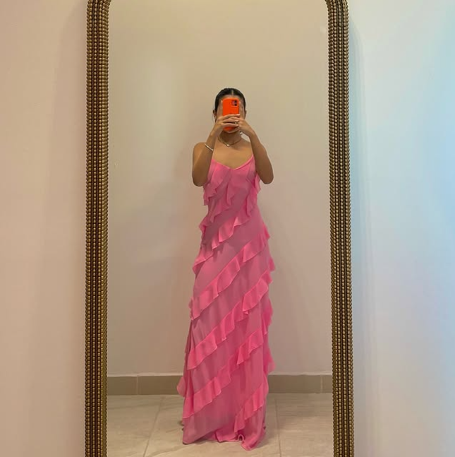 Pink Spaghetti Straps Fashion Elegant Long Chiffon Ruffle Ball Gown Evening Dress Party Dress gh3253