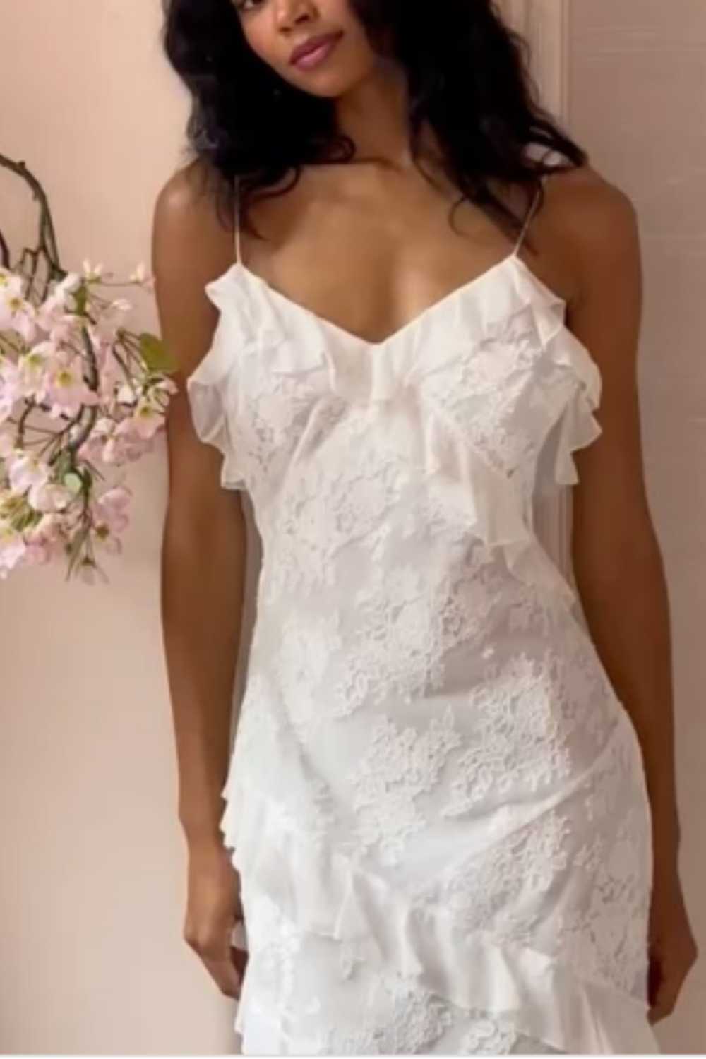 White simple elegant spaghetti strap lace long ball gown multi-layered evening dress gh3005