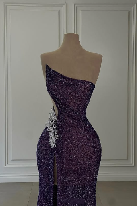 Purple Gorgeous Shiny Elegant Spaghetti Strap Beading Sexy Slit Long Mermaid Slim Sequin Ball Gown Evening Dress gh3360
