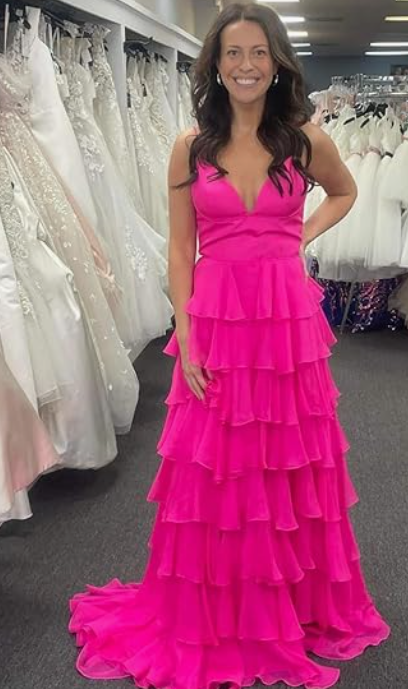 Robe de bal longue à bretelles spaghetti rose vif gh2790